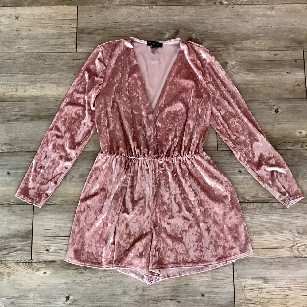 Pink Crushed Velvet Long Sleeve Romper